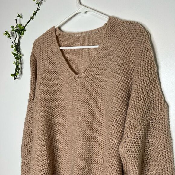 Oversized V Neck Tan Taupe Knit Sweater - Picture 3 of 10